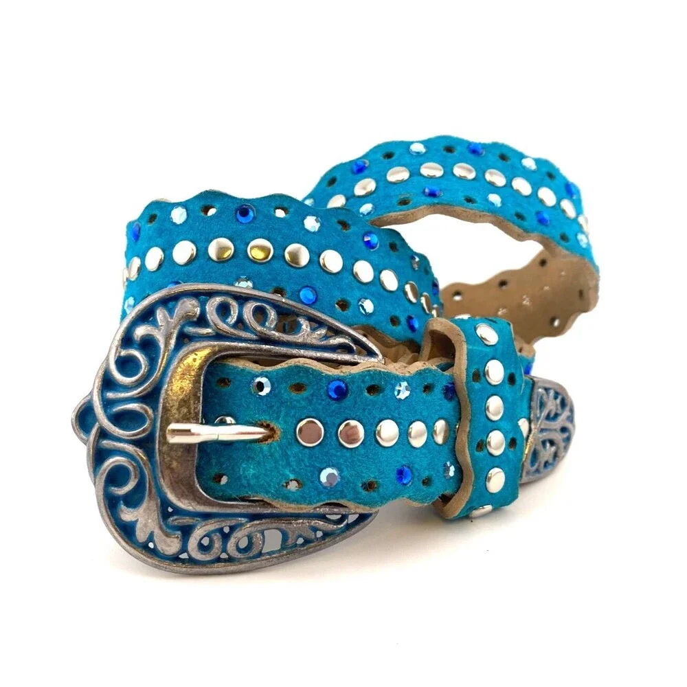Vtg Leather Western Belt Womens S Rhinestone Studs Cowgirl Turquoise Blue Suede